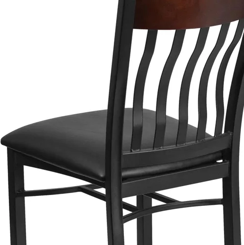Vista 8 de Flash Furniture Eclipse Series Silla de restaurante con respaldo vertical de metal negro y madera de nogal con asiento de vinilo negro