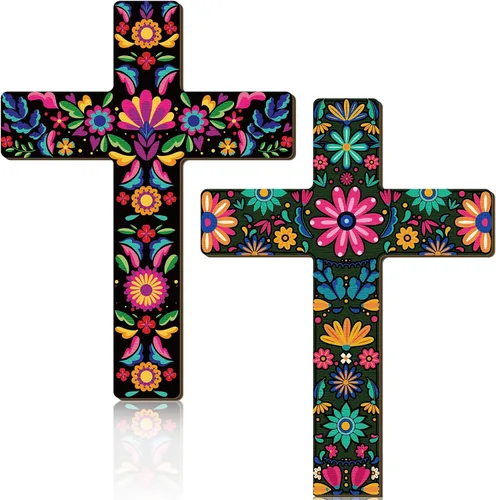 Vista 8 de Pinkunn 2 piezas de decoración de pared con cruz floral mexicana, arte de pared mexicano pintado a mano, decorativo, inspirador, cruz floral