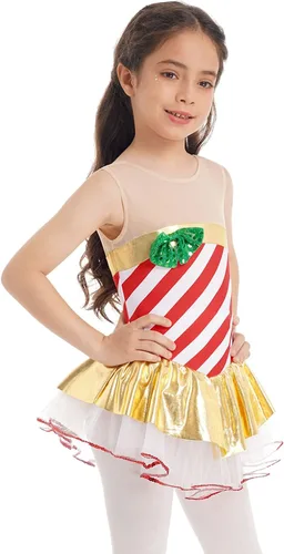 Vista 2 de Vestido de baile tutú a rayas con lentejuelas para niños, vestido de patinaje artístico, fiesta de Navidad, disfraz de bastón de caramelo