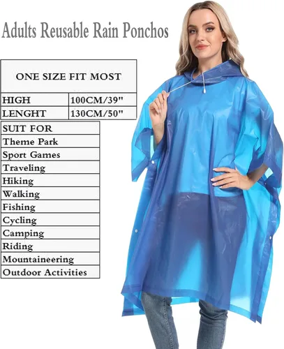 Vista 24 de Ponchos de lluvia reutilizables con capucha con cordón para adultos, abrigo de lluvia grueso impermeable, 2 paquetes