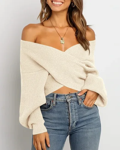 Vista 2 de BTFBM - Suéter casual para mujer con manga larga, cuello en V, frente cruzado, hombros descubiertos, dobladillo asimétrico, tejido de punto