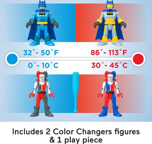Vista 4 de Fisher-Price Imaginext DC Super Friends, juguetes de Batman, juego de figuras de 3 piezas con Harley Quinn que cambian de color para niños en edad