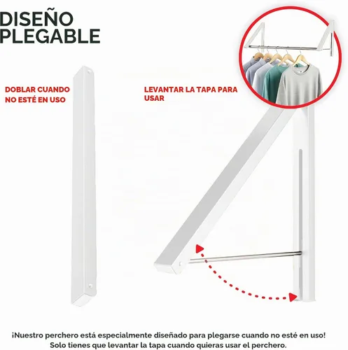 Vista 3 de Estante Doblado Plegable para Ropa con Barra Extensible, Perchero Retráctil de Pared para Secador de Ropa, Barra de Secado Colgante, Pequeños Blanco