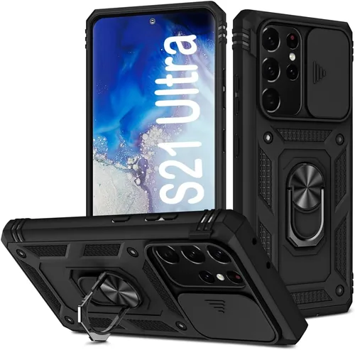Vista 209 de PASNEW Funda militar para iPhone 13 Pro Max, cubierta de cámara deslizante y soporte de anillo de metal de 360°, carcasa rígida multicapa resistente