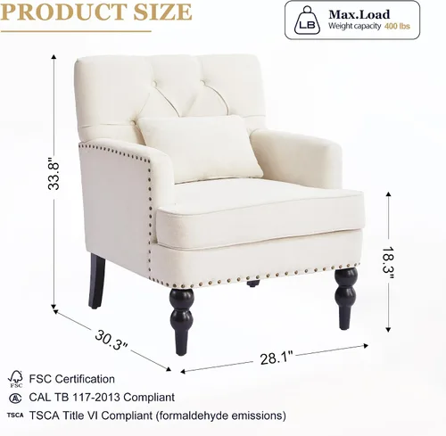 Vista 2 de HUIMO Silla de Club Acolchada, Silla de Acento con Almohada Lumbar, Sillón Tapizado con Botones, Sillas de Sofá de Tela de Lino para Dormitorio