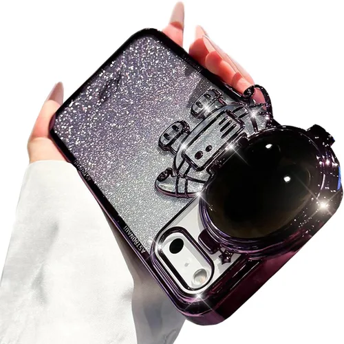 Vista 24 de Funda de teléfono con soporte oculto de astronauta para iPhone 11, bonito protector de cámara de lente de astronauta, soporte con purpurina