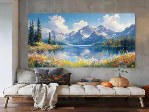 Vista 5 de Inzlove Large Canvas Wall Art 48" L x 24" W - Snow Mountain Lake Landscape Painting, Meadow Wildflowers Art Print, Rustic Farmhouse Decor for Living