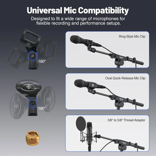 Vista 6 de PHENYX PRO Soporte para micrófono con bandeja grande de 8.7 x 6.3 in, altura de soporte ajustable, clips de micrófono dobles y bolsa de transporte