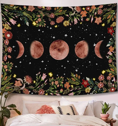 Vista 2 de Rexful Tapiz de jardín iluminado por la luna, fase lunar rodeada de plantas y flores, manta negra para colgar en la pared, 36 x 48 pulgadas