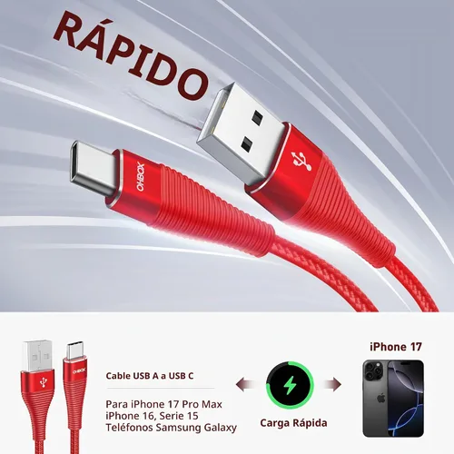 Vista 2 de ohbox Cable USB C de 3 pies, paquete de 3 cables USB A a USB C tipo C cable Rojo