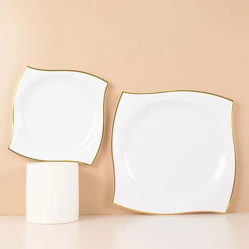 Vista 8 de Efavormart - Paquete de 10 platos cuadrados de postre de plástico con borde ondulado blanco y dorado de 8 pulgadas, elegante vajilla desechable