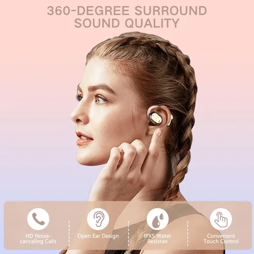 Vista 4 de ZIHNIC Auriculares de oreja abierta, comodidad durante todo el día, batería de 28 horas con uso prolongado, IPX5 impermeable, compatible con Rosa
