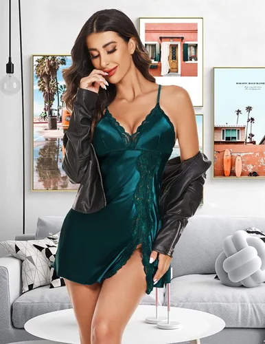 Vista 2 de Avidlove Camisón de encaje de satén para mujer, cuello en V, sexy, vestido de dormir