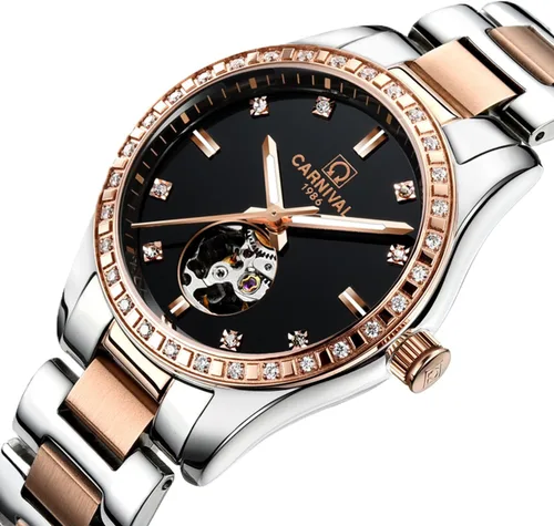 Vista 3 de Carnival Reloj de mujer con esqueleto mecánico automático, cristal de zafiro sintético, oro rosa, acero inoxidable, impermeable, color blanco