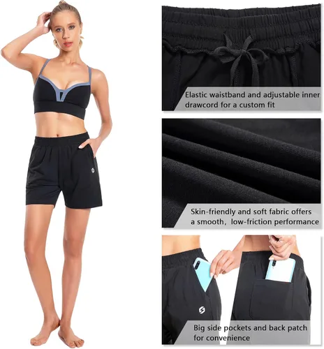 Vista 5 de Pantalones cortos de algodón para mujer de 5 pulgadas, pantalones cortos con bolsillos profundos para descansar, gimnasio, yoga, caminar, atletismo