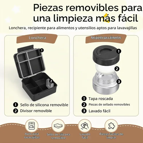 Vista 5 de Lonchera Bento para niños con contenedor térmico de alimentos (9 onzas), lonchera de 4 compartimentos, divisor ajustable, lonchera Bento a prueba