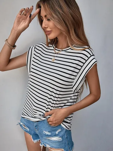 Vista 3 de Floerns Camiseta casual de manga casquillo con estampado de rayas para mujer