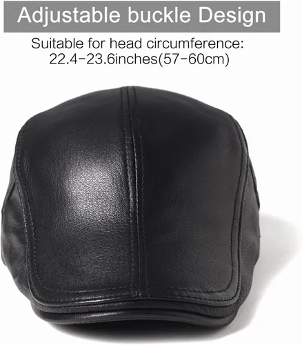 Vista 3 de Gorra plana de piel de cabra para hombre, correa ajustable que se adapta a 22.4-23.6 pulgadas, gorra de conducción negra, gorra de periódico