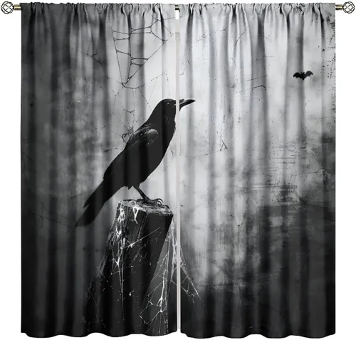 Vista 7 de Cortinas de Halloween con diseño de bosque gótico rojo, cruz gótica, Halloween, festividades, festival, tratamiento de ventana para sala de estar