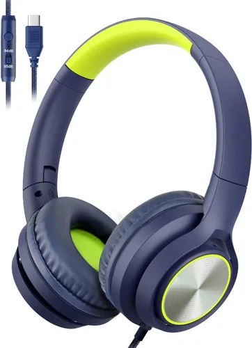Vista 9 de Voopwink Auriculares para niños con micrófono, auriculares con cable sobre la oreja con volumen limitado de 85 dB/ 94 dB para niños, niñas Negro-Azul