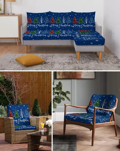 Vista 6 de Navy Blue Christmas Couch Cushion Covers, Stretch Sofa Cover with Elastic Bottom, Xmas Tree Winter Snowflake Sofa Slipcovers Protector Washable