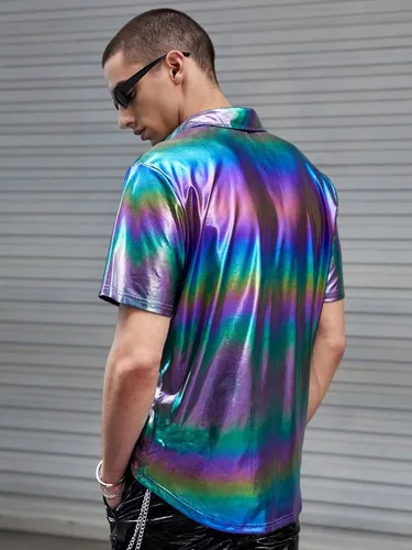 Vista 2 de WDIRARA Camisa metálica de manga corta con cuello y botones metálicos para hombre