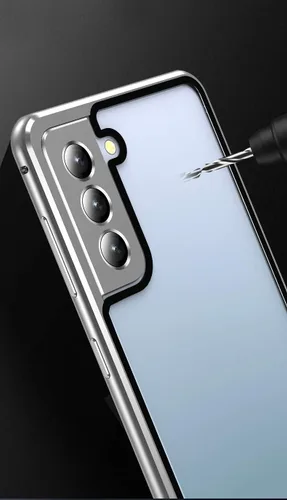 Vista 6 de Funda para Galaxy S21 con bloqueo de seguridad + adsorción magnética, vidrio templado de doble cara, a prueba de golpes, parachoques de aluminio Oro
