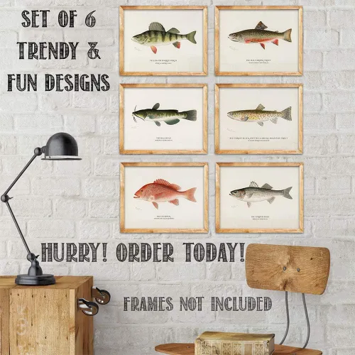 Vista 5 de Pescado - Póster vintage de pesca y playa en el océano, impresión de casa del lago y cabaña, impresión artística educativa, regalo para pescadores