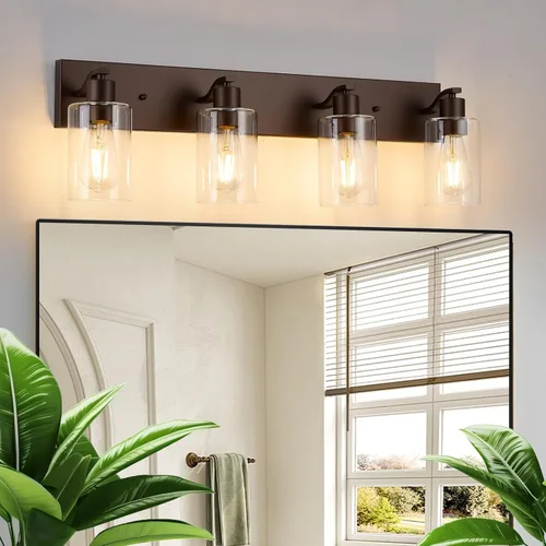 Vista 14 de 2 Luces de Iluminación para Baño, Accesorios de Iluminación de Tocador en Bronce Cepillado con Soporte de Vidrio Transparente de 33cm, Lámparas