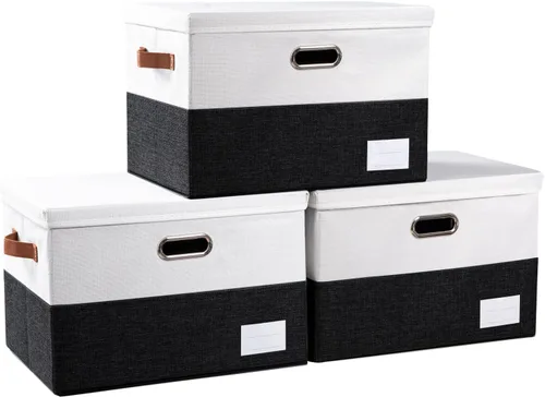 Vista 31 de PRANDOM Contenedores de almacenamiento con tapas [paquete de 3] cajas de almacenamiento plegables de tela de lino, canastas organizadoras, cubos