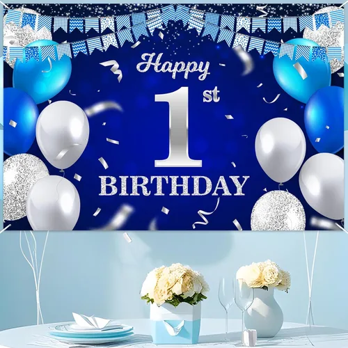 Vista 6 de Bandera de feliz primer cumpleaños con fondo azul marino, globos, confeti, bandera de rayas, luces de puntos, felicitaciones por el tema de 1 año