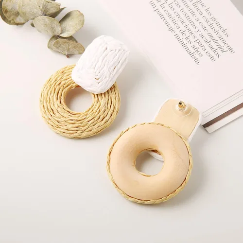 Vista 5 de STWTR Pendientes para mujer, con cordón de rafia, trenzados a mano, redondos, bohemios, geométricos