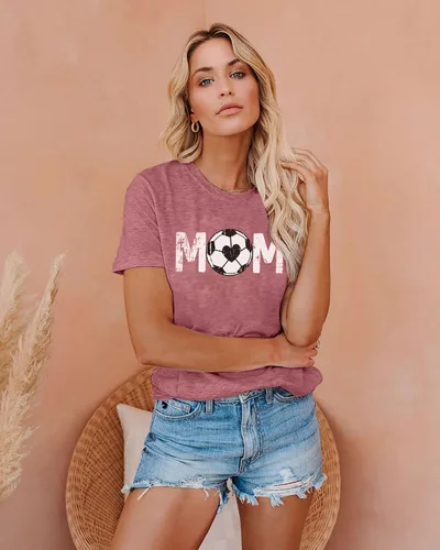 Vista 2 de Camiseta de fútbol para mujer, camiseta de fútbol para el día del juego, camiseta gráfica impresa con letras para mamá, pelota de fútbol, camiseta