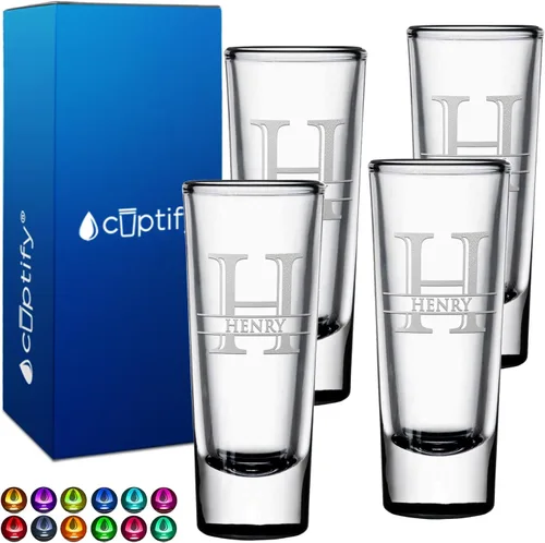 Vista 86 de Vaso de chupito personalizado con fondo negro personalizado de 2 oz, vasos de chupito cordiales con inicial y nombre en script dividido
