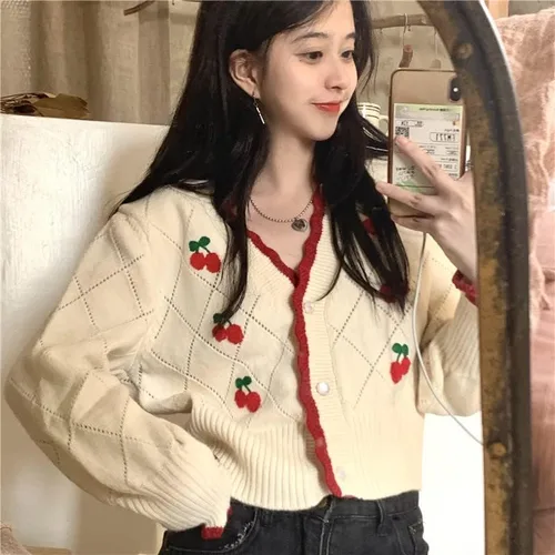 Vista 6 de Cárdigan Kawaii bordado de cereza, Y2K, ropa de calle de punto, lindo suéter recortado de manga abombada, cárdigan preppy