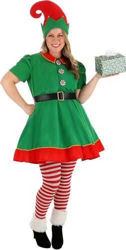 Vista 5 de Adult Holiday Elf Costume, Women's Elf Outfit with Elf Dress, Hat, and Belt, Christmas Costume for Women