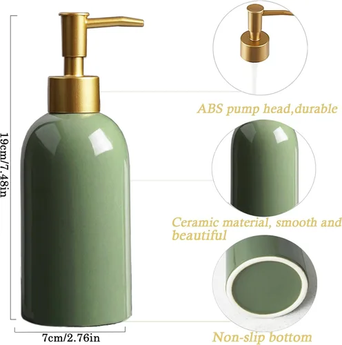 Vista 4 de Paquete de 2 dispensadores de jabón de cerámica verde con bomba dorada, botella dispensadora de loción cilíndrica de diseño moderno, dispensador