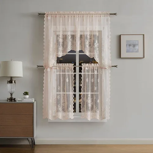Vista 9 de Warm Home Designs El paquete de 3 cortinas de lino dorado para ventana de cocina incluye 2 niveles de 24 pulgadas y cenefa con festón. Juego