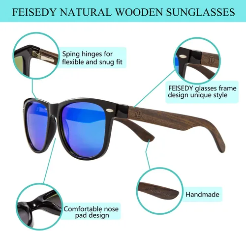 Vista 3 de FEISEDY Gafas de sol polarizadas de madera para mujeres y hombres, HD UV400, conducción de pesca, golf, B2448