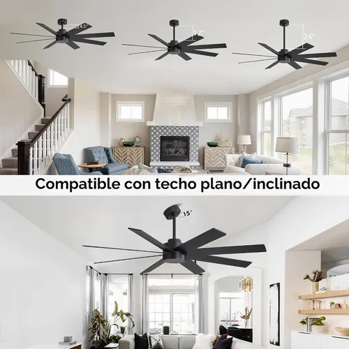 Vista 5 de WINGBO Ventiladores de techo CC grandes de 60 pulgadas sin luces, 3 varillas descendentes, 8 aspas de madera contrachapada, motor CC reversible de 6