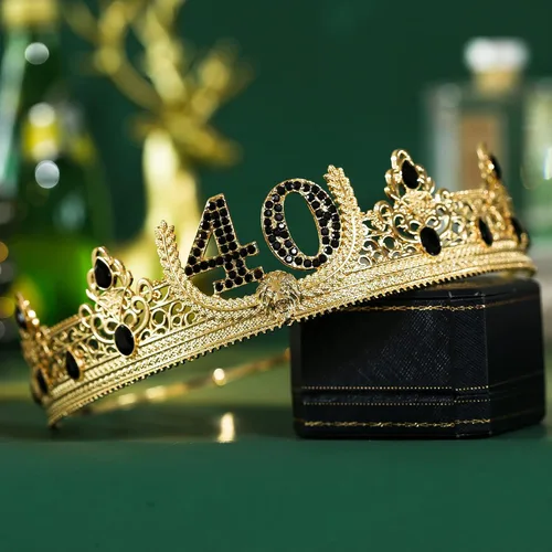 Vista 2 de Corona y banda de cumpleaños número 40, decoración de fiesta para hombres (dorado)