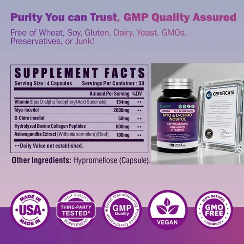 Vista 2 de Myo Inositol & D-Chiro Inositol Suplemento para mujeres, proporción ideal 40:1 con vitamina E, colágeno y ashwagandha, apoyo diario de bienestar