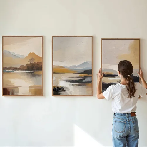 Vista 2 de Tinonedraw Arte de Pared en Lienzo Enmarcado de Paisaje de Montaña Beige, Decoración de Pared Moderna Abstracta de Mediados de Siglo, Arte de Lago