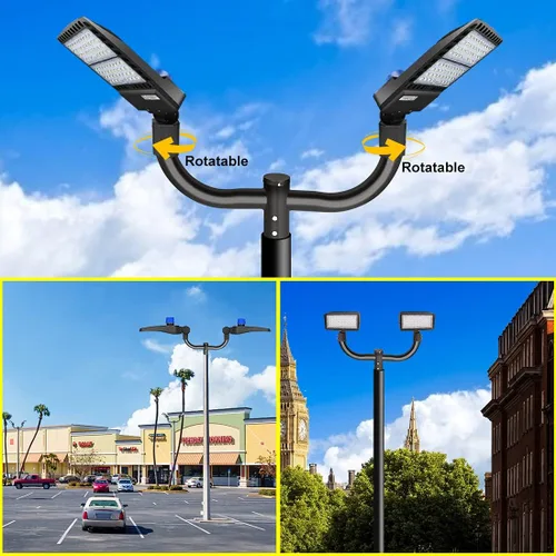 Vista 5 de LEDMO Soporte de doble bocina LED para estacionamiento, soporte de montaje de 180 grados, soporte de montaje de poste redondo, doble L, espigas