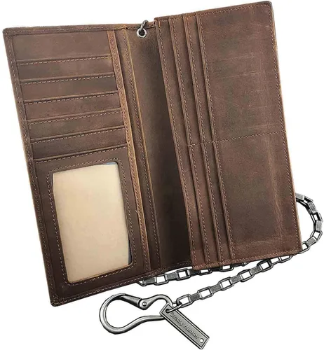 Vista 2 de Monedero de cuero con cadena larga de motociclista para hombre, Marrón