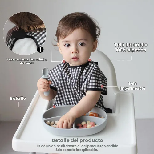 Vista 6 de Plie Short Sleeve Waterproof Bib for Toddlers – Easy Clean Feeding Apron for Mealtime, Daycare, Self-Feeding, Lightweight