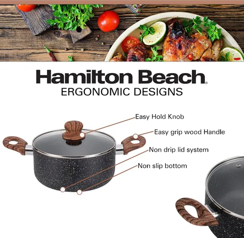 Vista 2 de Hamilton Beach Revestimiento de mármol antiadherente de 3 cuartos de galón con calefacción uniforme, olla de horno holandés redonda con tapa