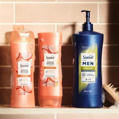 Vista 8 de Suave Men Citrus Rush Daily Clean 3 en 1 champú, acondicionador y gel de baño con glicerina y queratina hidrata y suaviza el cabello, aroma cítrico