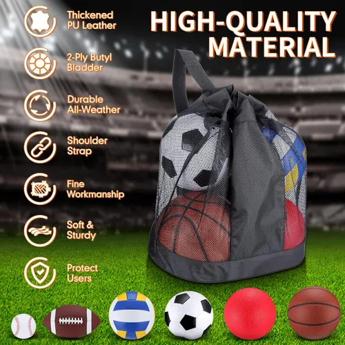 Vista 3 de Libima Juego de 6 Pelotas Multideporte de Tamaño Oficial Fútbol Baloncesto Fútbol Soccer Voleibol Pelota de Patio Béisbol con Bolsa de Equipo