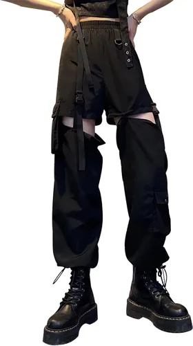 Vista 2 de Women Hight Waist Loose Cargo Pants Multi Pocket Gothic Punk Straight Leg Pants